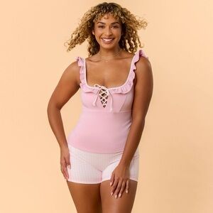 Blogilates Women's Ruffle Lace Up Tank Top - Pink Large NWT
